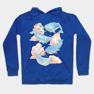 Aqua Blue Whales & Fish Swimming Within Dreamy Sunset Clouds Hoodie